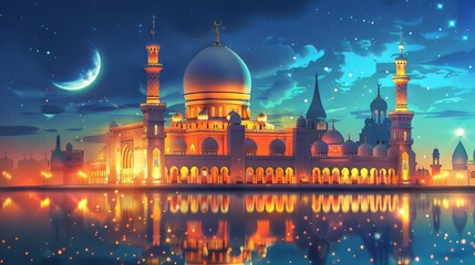 Fototapeta na wymiar Contemporary artwork celebrating the blessings of Ramadan with a vibrant illustration of a mosque illuminated with lights