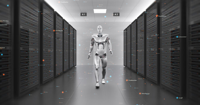 Advanced Cyborg Robot Slowly Walking Modern Server Room. Technology Related 3D Render.