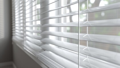 Closeup of a wooden window with white blinds on a building
