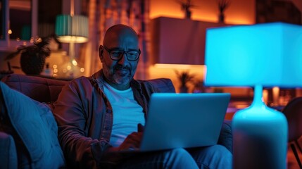 Comfortably lounging on a sofa, a person is browsing the internet on their laptop under ambient blue lighting