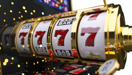 Closeup view of a slot machine displaying the number seven