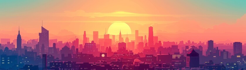 Stylized Illustration of a City Skyline at Sunrise with Warm Color Gradient