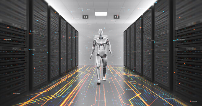 Humanoid Robot Confidently Walking In A High Tech Data Center. Technology Related 3D Render.