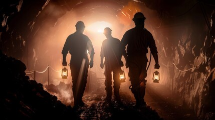 Silhouettes of miners in a helmet with lanterns in a dark cave exploration and geological work, coal mining, warm light - obrazy, fototapety, plakaty