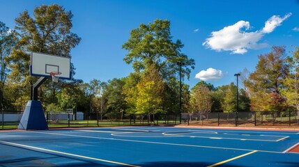 Against the backdrop of blue skies and towering trees, the outdoor basketball court offers a picturesque setting for friendly competitions and spirited pickup games.