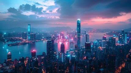 Vibrant cityscape at dusk with illuminated buildings and water