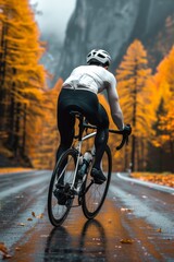 Cyclist exploring mountainous terrain on bicycle    adventure travel and bicycle tourism concept