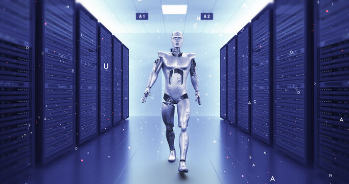 Artificial Intelligence Robot Walking Slowly And Confidently. Technology Related 3D Render.