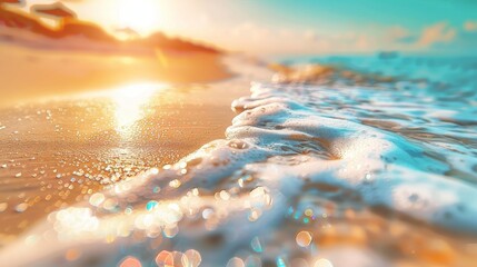 Sunlight glitters on the ocean waves and sandy beach, creating a sparkling effect. - obrazy, fototapety, plakaty