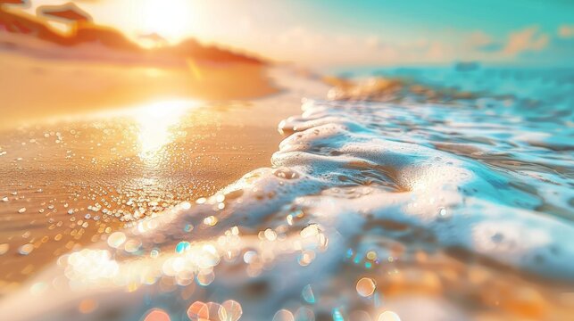 Sunlight glitters on the ocean waves and sandy beach, creating a sparkling effect.