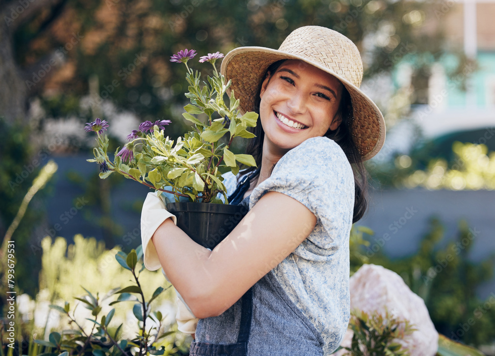 Canvas Prints Flower, outdoor garden and portrait of woman with plant for environment, sustainability or ecology. Nature, happiness and female person for green nursery, agriculture or landscaping in backyard