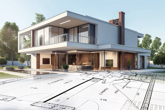 Projet de construction d'une maison d'habitation moderne d'architecte sous forme d'esquisse avec plan