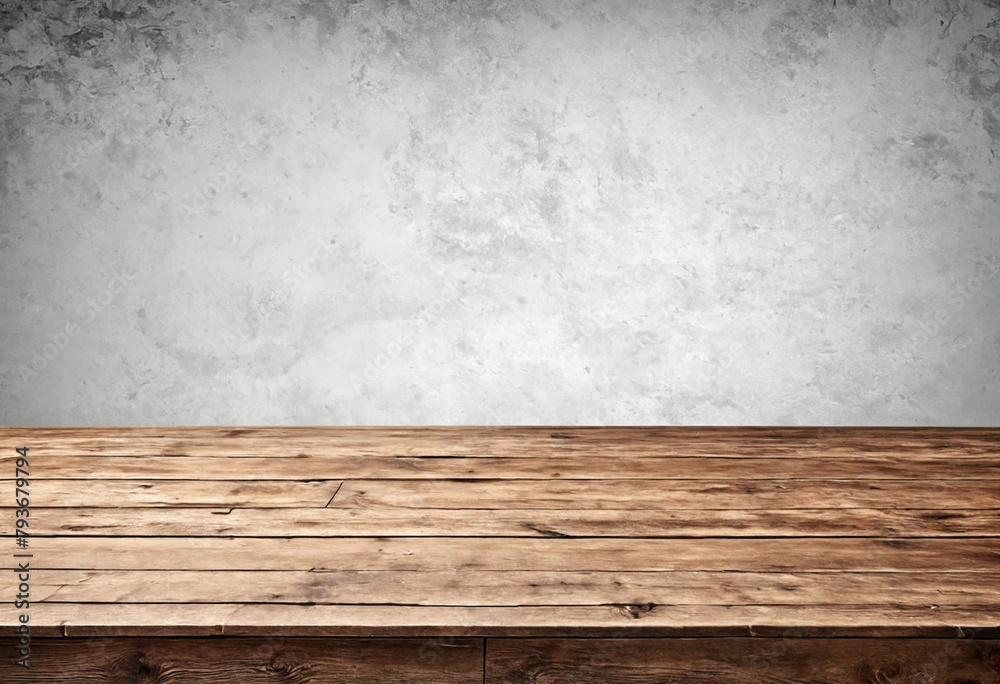 Poster Rustic empty wood table against a light background