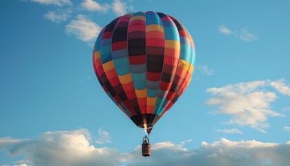 Colorful hot air balloon floats in blue sky with clouds
