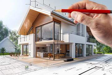 Projet de construction d'une maison d'habitation moderne d'architecte sous forme d'esquisse avec plan et main qui dessine