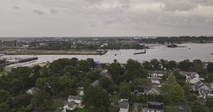 Stamford Connecticut Aerial v4 flyover charming Waterside neighborhood capturing Long Island Sound and South End cityscape with new property developments - Shot with Mavic 3 Pro Cine - October 2023