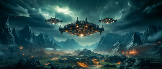Artistic rendering of otherworldly spacecrafts floating above a rugged, mountainous landscape under a starlit sky.