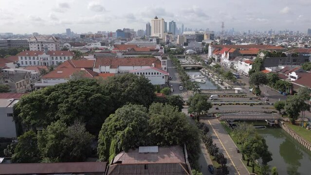 Kota Tua From Above As Drone Tracks South Towards Central Jakarta
