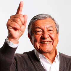 Upbeat Senior: Smiling Latino Man Pointing Upwards on White Background