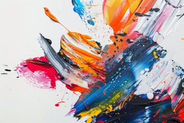 Dynamic abstract painting with vibrant splashes of color on white canvas