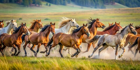 herd-of-horses-running-on-a-praire - obrazy, fototapety, plakaty