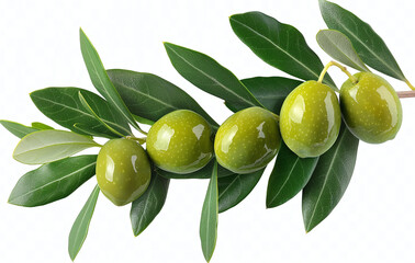 Fresh green olives on a branch with leaves, isolated on a white background.
