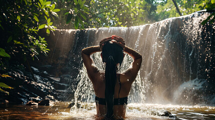 A young woman joyfully swims beneath a waterfall, gently washing her hair