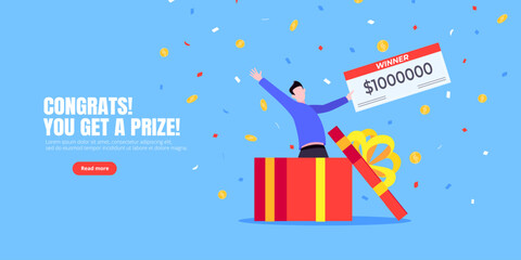 Happy lottery winner with big prize paycheck. Fortune lottery or casino gambling lucky games concept flat style design vector illustration. People jumps in the air with trophy cheque.