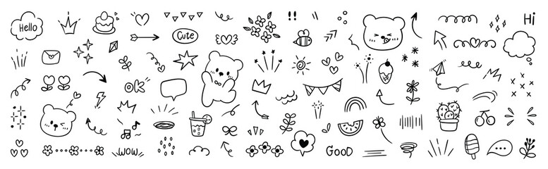 Set of cute pen line doodle element vector. Hand drawn doodle style collection of heart, arrows, scribble, flower, bear, speech bubble. Design for print, cartoon, clipart decoration, sticker.