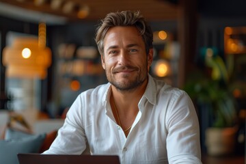 Obraz premium Smiling businessman, impeccably dressed in white sleek shirt, as he sits at a desk and works on a laptop against a blurred office backdrop.