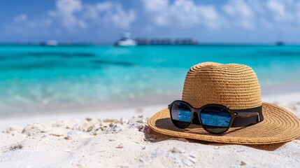 Stylish sun hat and sunglasses on exotic beach, perfect for travel or vacation marketing