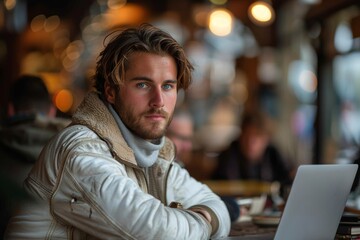 Obraz premium Smiling businessman, impeccably dressed in white sleek shirt, as he sits at a desk and works on a laptop against a blurred office backdrop.