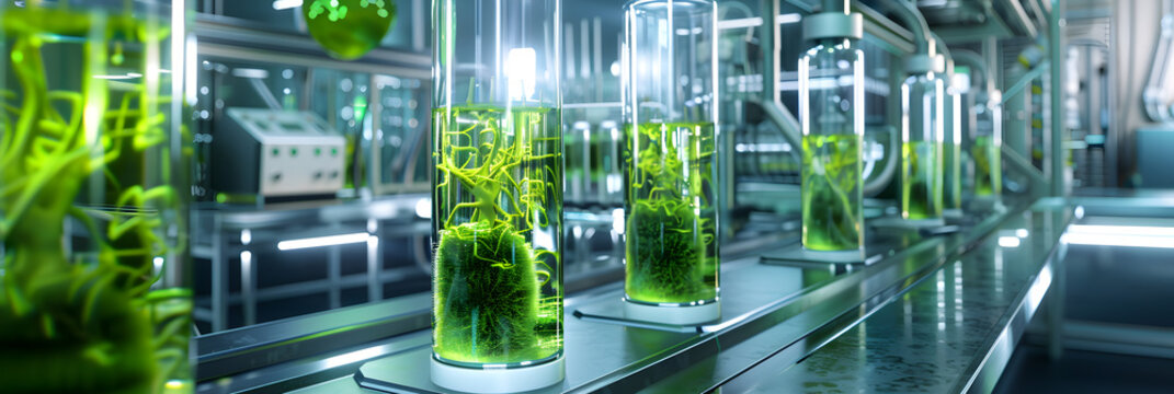Microalgae cultivation advanced biotechnology innovative energy solutions sustainable biofuels eco friendly resources, An image of a futuristic bioreactor system