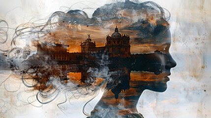 Double exposure of a beautiful woman with castle in sunset. 