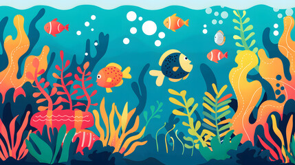 Fototapeta premium Underwater scene with fishes children cartoon illustration