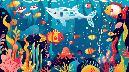 Underwater scene  with fishes children cartoon illustration