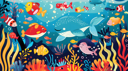 Naklejka premium Underwater scene with fishes children cartoon illustration