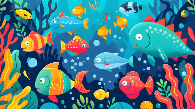Underwater scene  with fishes children cartoon illustration