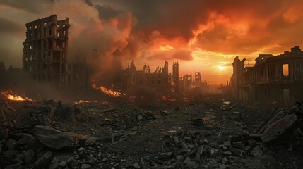 Against the backdrop of destruction, the flames of war rage on, leaving behind a trail of devastation and despair in their wake.