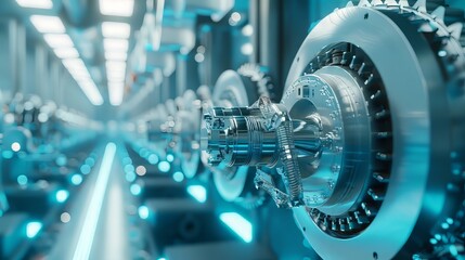 A machine with a large gear is shown in a factory. The machine is surrounded by other machines, and the room is filled with blue lights. Scene is industrial and futuristic - obrazy, fototapety, plakaty