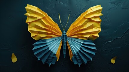 A blue and yellow origami butterfly is resting on a piece of black marble.

