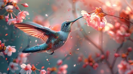 Naklejka premium A Symphony of Wings and Blooms The Hummingbird's Serenade at Dawn
