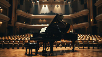 A black grand piano sits on a stage in an empty concert hall. - obrazy, fototapety, plakaty