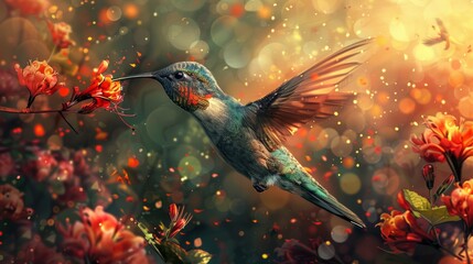Floral Reverie Hummingbirds in the Heart of the Blooming Oasis - obrazy, fototapety, plakaty