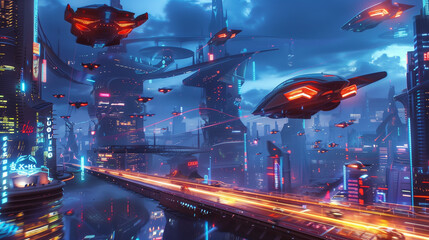 A futuristic city with flying cars and a night sky