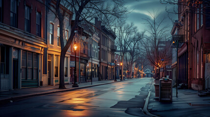 A photo of an empty street with a row of old buildings on both sides at night