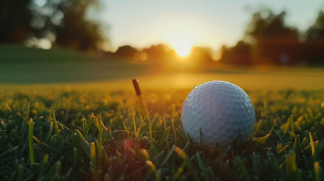 A close up of a golf ball on the green at sunset.