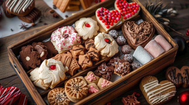 A wooden box filled with a delightful assortment of Valentine s Day treats and cookies awaits from rich chocolates and sweet candies to airy meringues fluffy marshmallows delicate linzer co