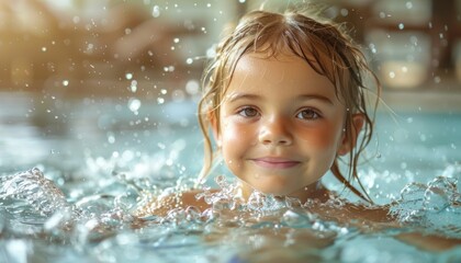 Fototapeta premium A happy little girl with wet hair and a big smile in the pool