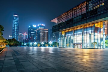 Obraz premium modern office buildings in hangzhou west lake square at night on view from empty street